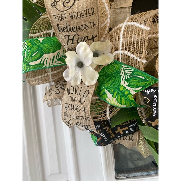 Wooden Christian He is Risen From the Tomb Sign Deco Mesh Ribbon Easter wreath - Picture 9 of 10